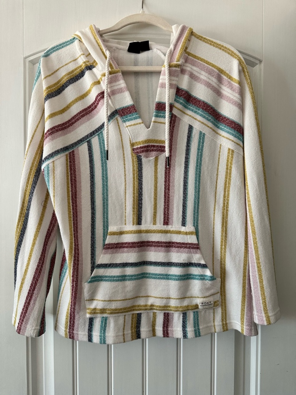 Roxy Cream Striped Hooded Pullover with Teal, Mustard & Burgundy